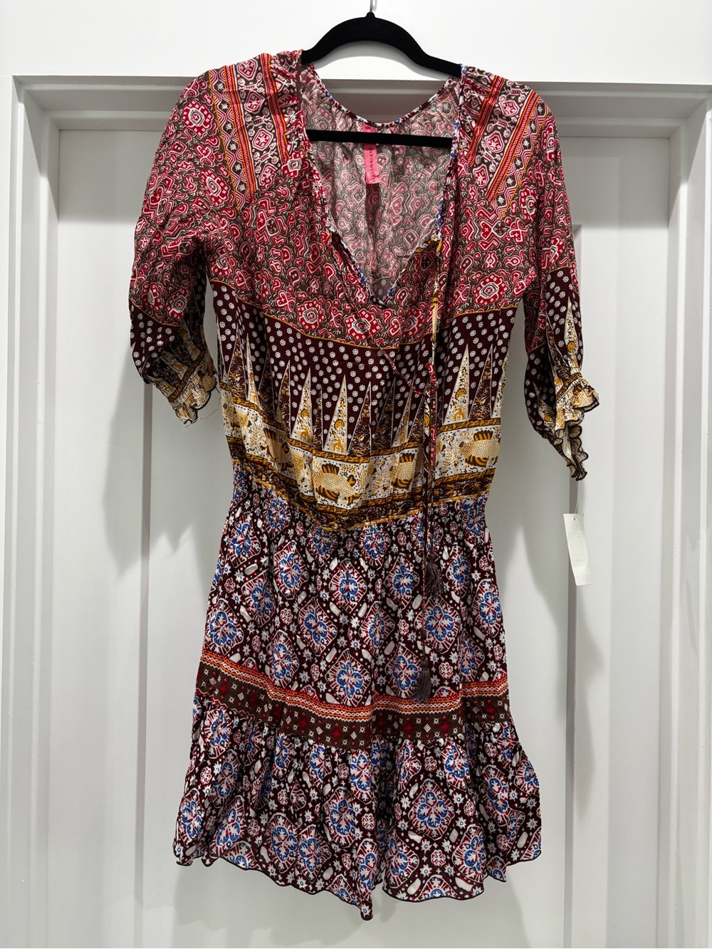 Eight Sixty Multi-Print Boho Mini Dress in Red, Maroon, Gold and Blue